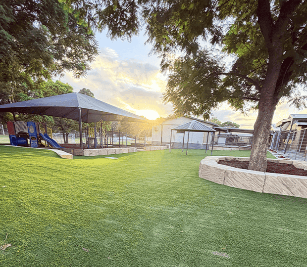 Well-maintained park with trees, grass, and playground equipment at sunset.